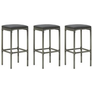 Bar Stools with Cushions 3 pcs Grey Poly Rattan