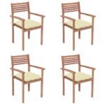 Garden Chairs 4 pcs with Cream White Cushions Solid Teak Wood