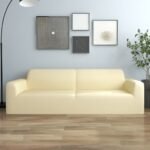 3-Seater Stretch Couch Slipcover Cream Polyester Jersey