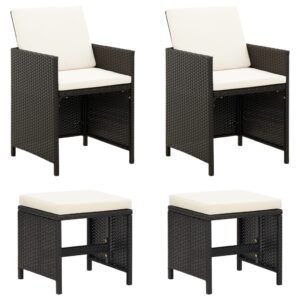 4 Piece Garden Chair and Stool Set Poly Rattan Black