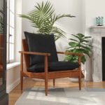 Armchair Black Real Leather and Solid Wood Acacia