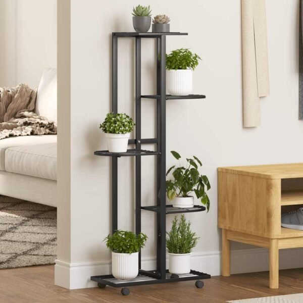 5-Floor Flower Stand with Wheels 44x23x100 cm Black Iron