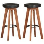 Bar Stools 2 pcs Real Leather and Solid Wood Acacia