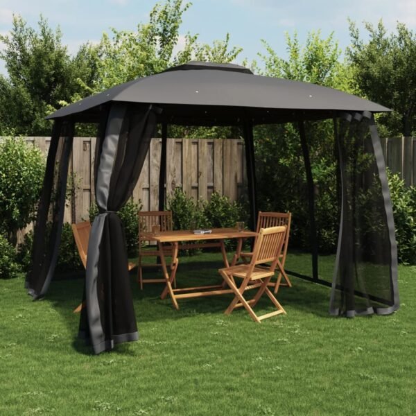 Gazebo with Double Roof&Mesh Walls Anthracite 2.93x2.93 m Steel