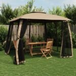 Gazebo with Double Roof&Mesh Walls Taupe 2.93x2.93 m Steel