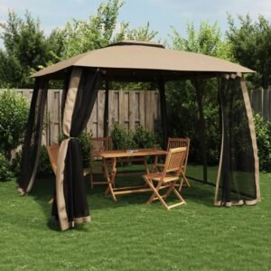 Gazebo with Double Roof&Mesh Walls Taupe 2.93x2.93 m Steel
