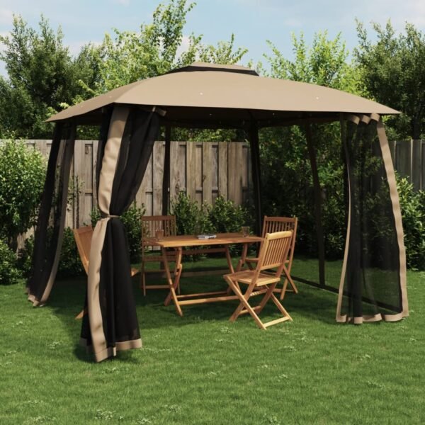 Gazebo with Double Roof&Mesh Walls Taupe 2.93x2.93 m Steel