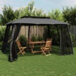 Gazebo with Double Roof&Mesh Walls Anthracite 3.93x2.93 m Steel