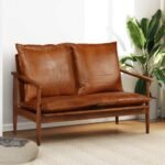 2-Seater Sofa Real Leather with Acacia Wood Brown
