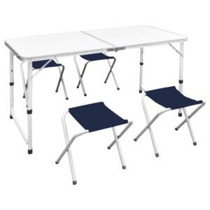 Foldable Camping Table Set with 4 Stools Height Adjustable 120 x 60 cm