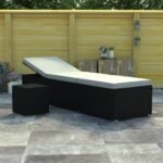 Sun Lounger with Cushion and Tea Table Poly Rattan Cream White