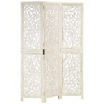 Hand carved 3-Panel Room Divider White 120x165 cm Solid Mango Wood