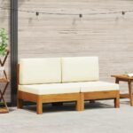 Middle Sofas 2 pcs with Cream White Cushions Solid Acacia Wood