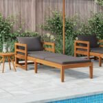 Sun Lounger with Dark Grey Cushions Solid Acacia Wood