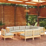 10 Piece Garden Lounge Set with Cream Cushions Solid Pinewood