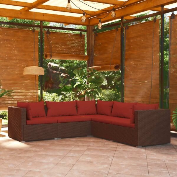 5 Piece Garden Lounge Set with Cushions Poly Rattan Brown