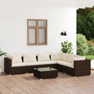 7 Piece Garden Lounge Set with Cushions Poly Rattan Brown
