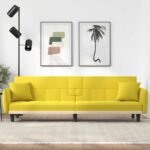 Sofa Bed with Cup Holders Light Yellow Fabric