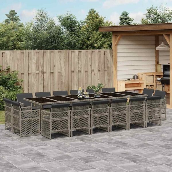 17 Piece Garden Dining Set with Cushions Grey Poly Rattan