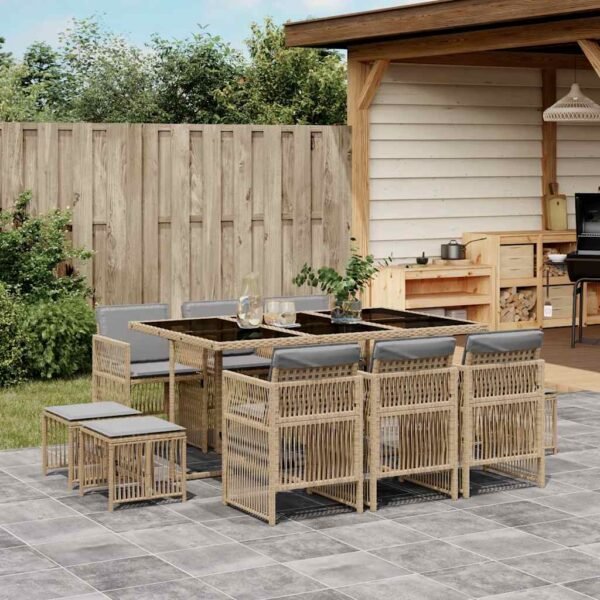 11 Piece Garden Dining Set with Cushions Mix Beige Poly Rattan