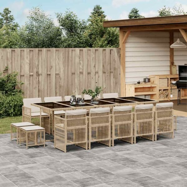 15 Piece Garden Dining Set with Cushions Beige Poly Rattan