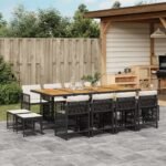 13 Piece Garden Dining Set with Cushions Black Poly Rattan