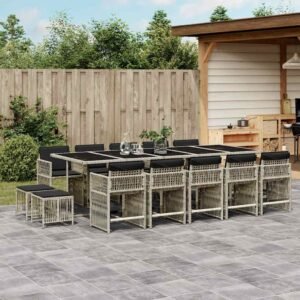 15 Piece Garden Dining Set with Cushions Light Grey Poly Rattan