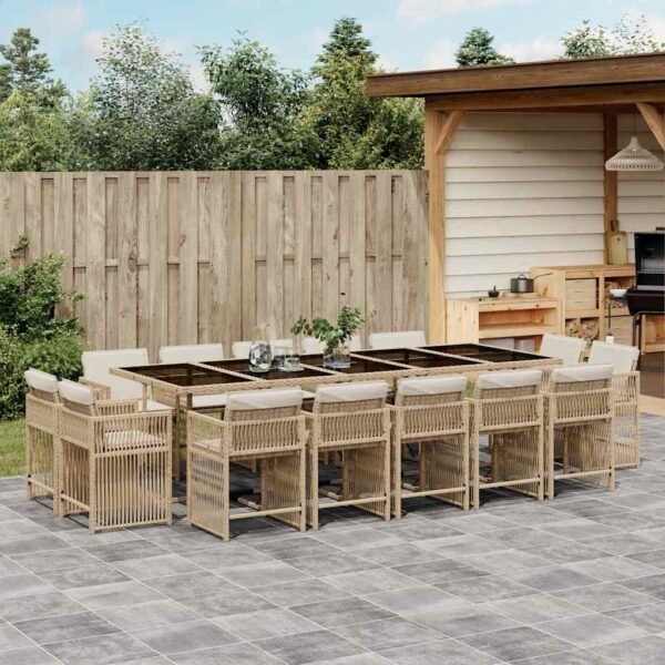 15 Piece Garden Dining Set with Cushions Beige Poly Rattan