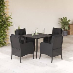 5 Piece Garden Dining Set with Cushions Black Poly Rattan