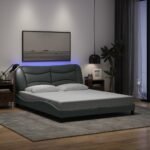 Bed Frame with LED without Mattress "Hvar" Dark Grey 152x203 cm Queen Fabric