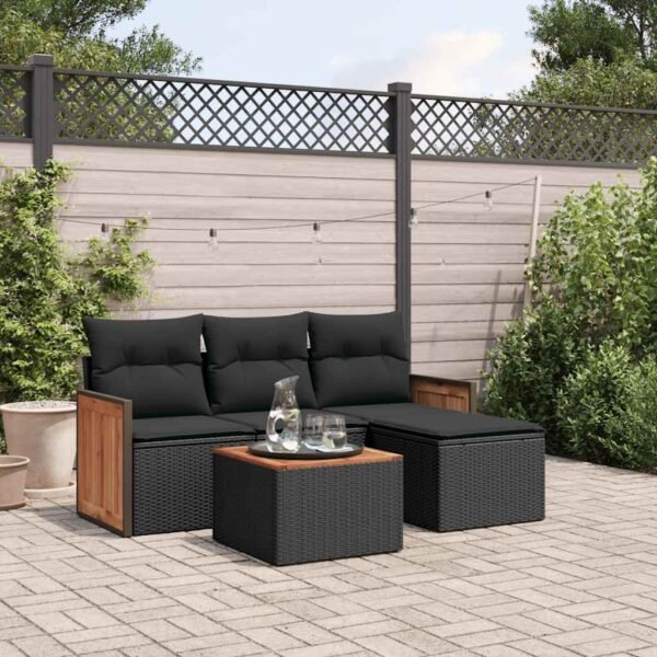 5 Piece Garden Sofa Set with Cushions Black Poly Rattan