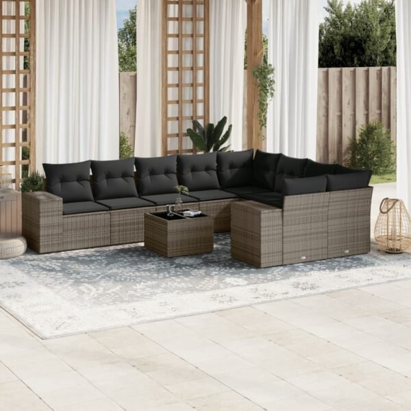 10 Piece Garden Sofa Set with Cushions Grey Poly Rattan