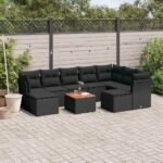 10 Piece Garden Sofa Set with Cushions Black Poly Rattan