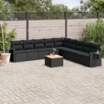 10 Piece Garden Sofa Set with Cushions Black Poly Rattan