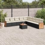 10 Piece Garden Sofa Set with Cushions Black Poly Rattan