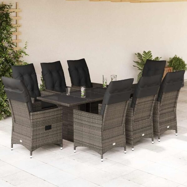 9 Piece Garden Dining Set with Cushions Grey Poly Rattan
