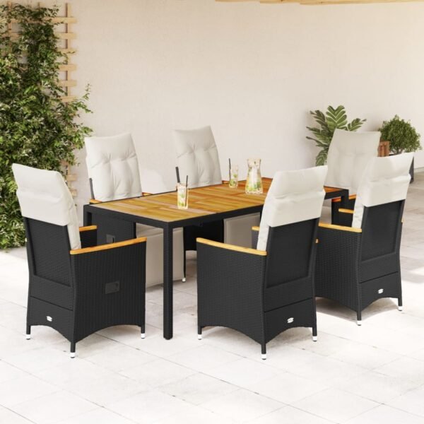 7 Piece Garden Bistro Set with Cushions Black Poly Rattan