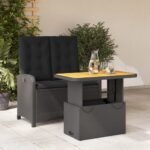 2 Piece Garden Dining Set with Cushions Black Poly Rattan