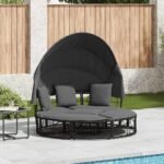 Outdoor Lounge Bed with Canopy and Cushions Black Poly Rattan