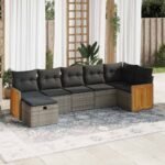 7 Piece Garden Sofa Set with Cushions Grey Poly Rattan