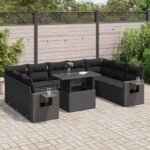 10 Piece Garden Sofa Set with Cushions Black Poly Rattan