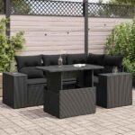 5 Piece Garden Sofa Set with Cushions Black Poly Rattan