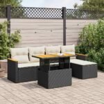 6 Piece Garden Sofa Set with Cushions Black Poly Rattan Acacia