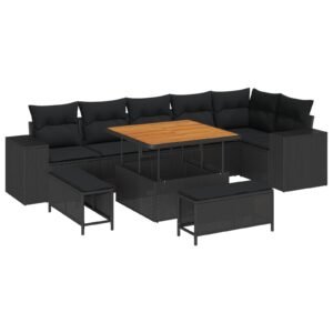 Garden Sofa Set with Cushion 9 pcs Black Poly Rattan