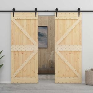 Sliding Door 2 pcs Natural and Black Solid Pine Wood