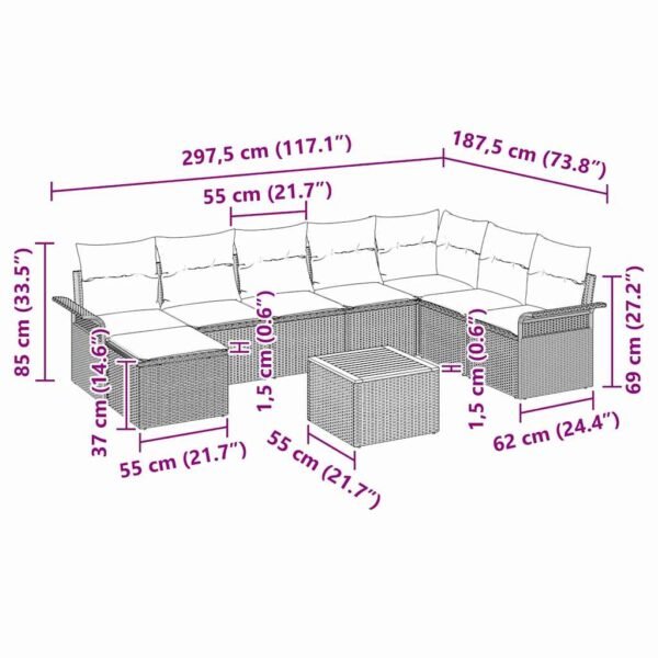 Garden Sofa Set with Cushion 9 pcs Grey Poly Rattan