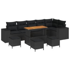 Garden Sofa Set with Cushion 10 pcs Black Poly Rattan