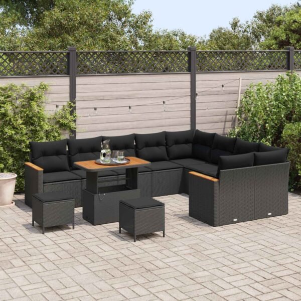 Garden Sofa Set with Cushion 12 pcs Black Poly Rattan