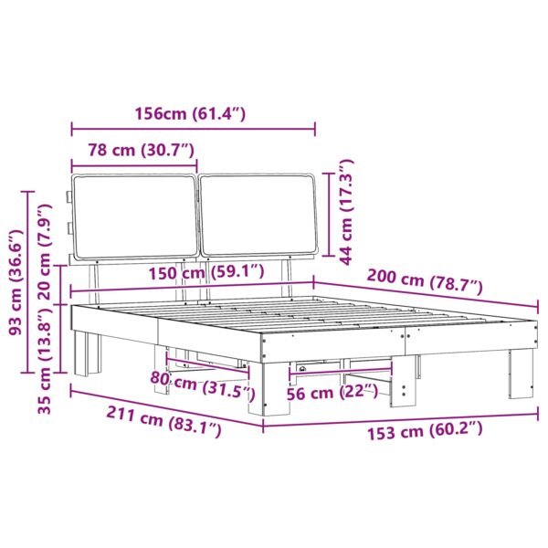 Bed Frame with Upholstered Headboard Dark Grey 150 x 200 cm