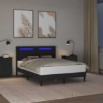 Bed Frame with LED Strip Lights with Headboard Faux Leather